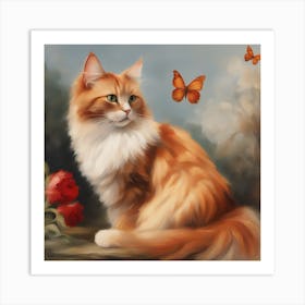 Orange Cat With Butterflies 1 Art Print