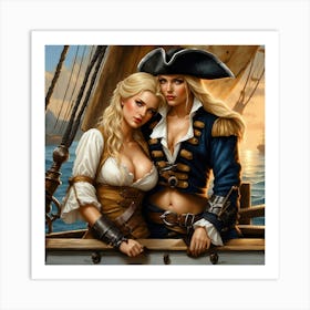 Two Beautiful Lesbians Dressed As Pirates Stand Together Art Print