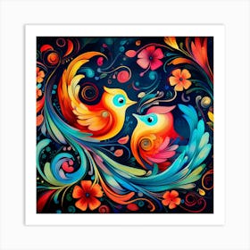 Colorful Birds On A Black Background Art Print