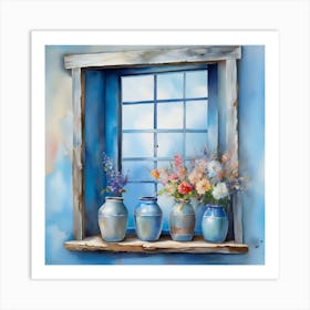 Blue wall. Open window. From inside an old-style room. Silver in the middle. There are several small pottery jars next to the window. There are flowers in the jars Spring oil colors. Wall painting.46 Art Print