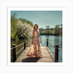 Woman In A Floral Dress On A Dock Art Print