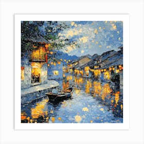 Peaceful Village Waterway Night Scene 6 Affiche