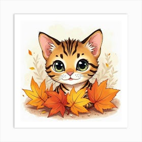 A Bengal Cat Peeking Out From Behind A Pile Of Autumn Leaves, Watercolor Art Print