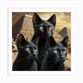 Three Black Cats In Front Of Pyramids Art Print