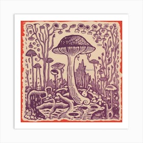 Mushroom Woodcut Purple 6 Art Print