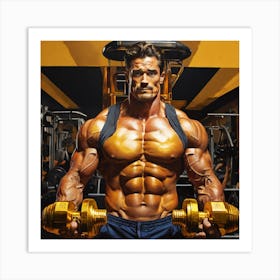 Bodybuilder Lifting Golden Dumbell In Gym | Pop Art Art Print