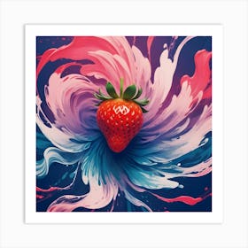 A Strawberry Surrounded By Swirls Of Pink, Blue, And White Paint, Creating A Colorful And Abstract Design Art Print