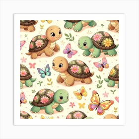 Seamless Pattern With Turtles And Butterflies 1 Art Print