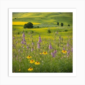 Wildflowers In The Meadow, Landscape Of A Meadow With Wildflowers In Bloom art print Art Print