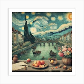 Whispers of the Enchanted Eve: Apples and Quills by the Starlit River Art Print