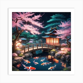 Koi Pond With Cherry Blossoms Paintings Art Print Art Print