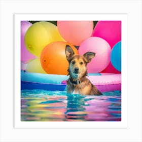 Dog Swimming In Pool With Balloons Art Print