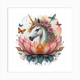 Unicorn With Lotus Flower Art Print