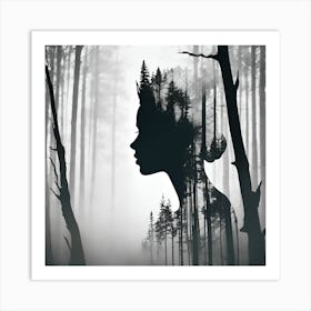 Silhouette Of A Woman In The Forest Art Print