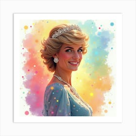 Elegant Princess Diana In A Glowing Rainbow Watercolor Background, Smiling Art Print