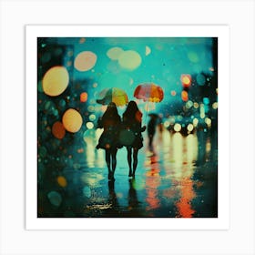 Two Girls Holding Umbrellas In The Rain Art Print