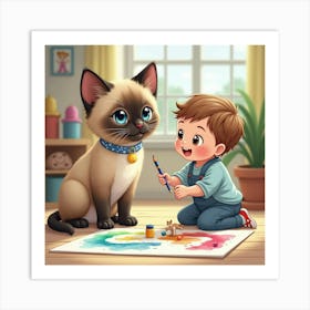 Sociable Siamese Cat Playing With A Toddler In A Watercolor Playroom 1 Art Print