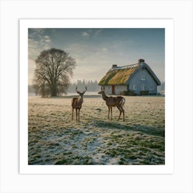 Deer In Front Of A House Art Print