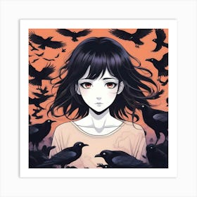 Anime Girl With Crows Art Print