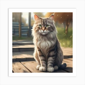 Cat Sitting On A Wooden Deck Art Print