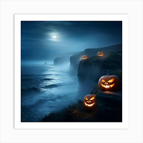 Ghostly Jack O Lanterns Glowing Eerily Beside A Winding Coastal Path Mist Hovering Over The Ocean (2) 1 Art Print