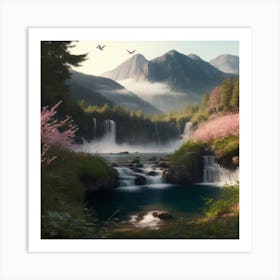 Waterfall With Pink Flowers Art Print