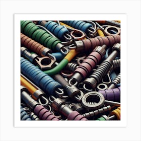 A close-up of a collection of colorful metal springs, hooks, and hardware. Art Print