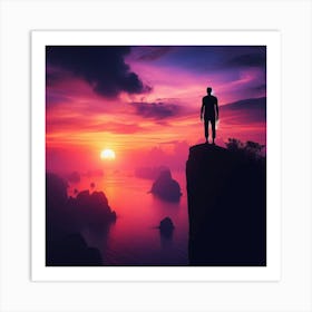 Man Standing On Cliff At Sunset 1 Art Print