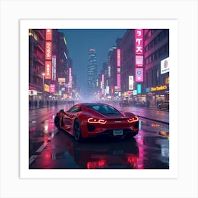 Rimac C Two With A Striking, Watercolor Neon City Backdrop Art Print