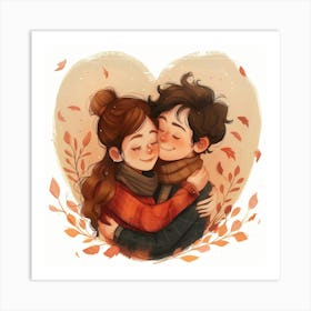 Couple Hugging Autumn Leaves Art Print