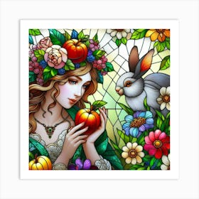 Beautiful lady holding apple with bunny Art Print