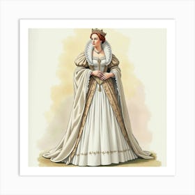 Watercolor Portrait Of Queen Elizabeth I, Detailed Attire, Majestic Pose 1 Art Print