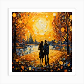 Couple Walking In The Park At Sunset Art Print