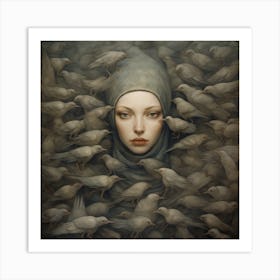 Woman Surrounded By Birds 4 Art Print