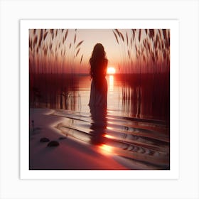 Woman Standing In Water At Sunset Art Print