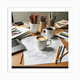 Coffee And Pencils On A Desk 1 Art Print