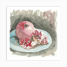 Grape Fruit On A Plate - still life watercolor hand painted square light red grey beige Art Print