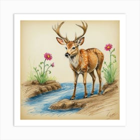 Deer By The Stream Art Print