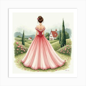 Romantic Gown Watercolor, With A Charming Village Scene 1 Art Print