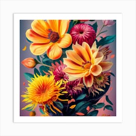 Orange, purple and yellow flowers 9 Art Print