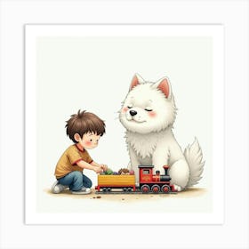 Watercolor Samoyed And A Boy Playing With A Toy Train Set Art Print