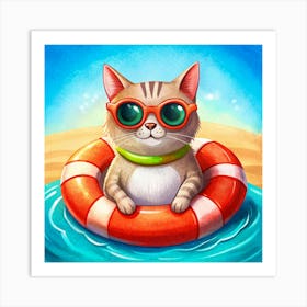 Cool Cat In Sunglasses On A Life Ring At The Beach Art Print