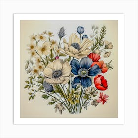 Vintage Botanical Flower Bouquet Art - Handcrafted Floral Illustration Decor Art Print