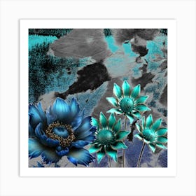 Blue Flowers On A Black Background  Art Print