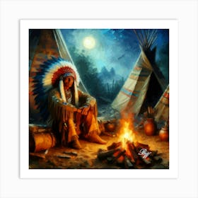 A Oil Texture Native American Indian By A Campfire 3 Copy Art Print