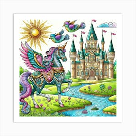 Unicorn And Castle Coloring Page 1 Art Print