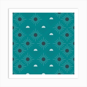 Geometric Pattern With Suns On Green Square Art Print