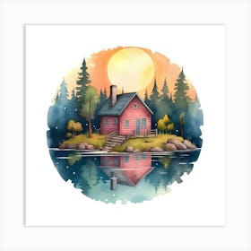 Watercolor House On The Lake Art Print