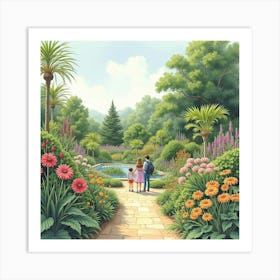 An English Botanical Garden With Visitors Admiring Exotic Plants, Watercolor 1 Art Print