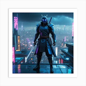 Cyberpunk Samurai On A Neon Lit Rooftop Art Print